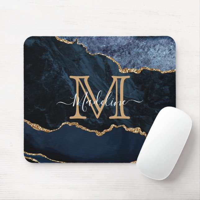 Chic Marble Agate Geode Navy Blue Gold Monogram Mouse Pad (With Mouse)