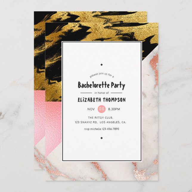 Chic Marble and Foil Geometric Bachelorette Party Invitation (Front/Back)
