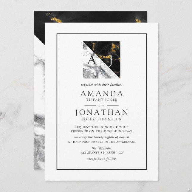 Chic Marble and Foil Geometric Monogram Wedding Invitation (Front/Back)