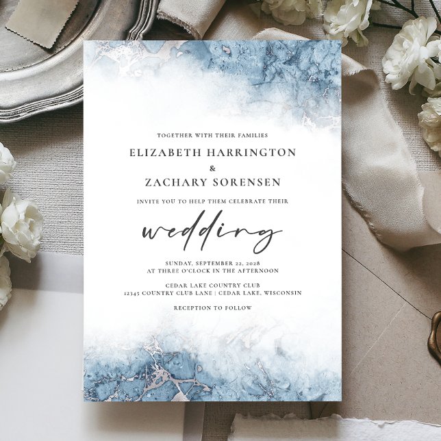 Chic Marble Blue Silver Wedding Invitation (Creator Uploaded)