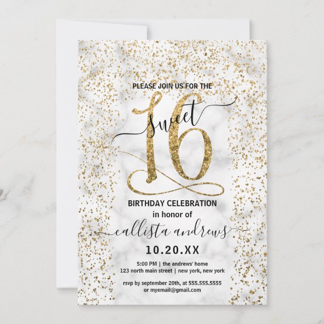 Chic Marble Gold Confetti Border Sweet 16 Invitation (Front)