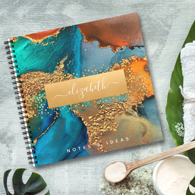 Chic marble watercolor glam gold turquoise square notebook (Creator Uploaded)