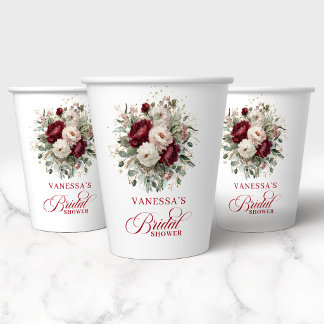 Chic Maroon Floral Bridal Shower Paper Cups