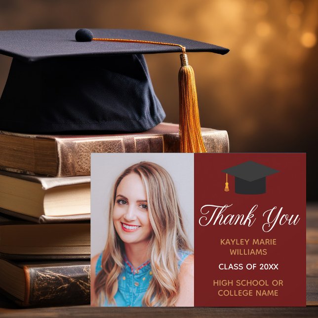 Chic Maroon Gold Graduation Photo 2025 Graduate Thank You Card (Creator Uploaded)