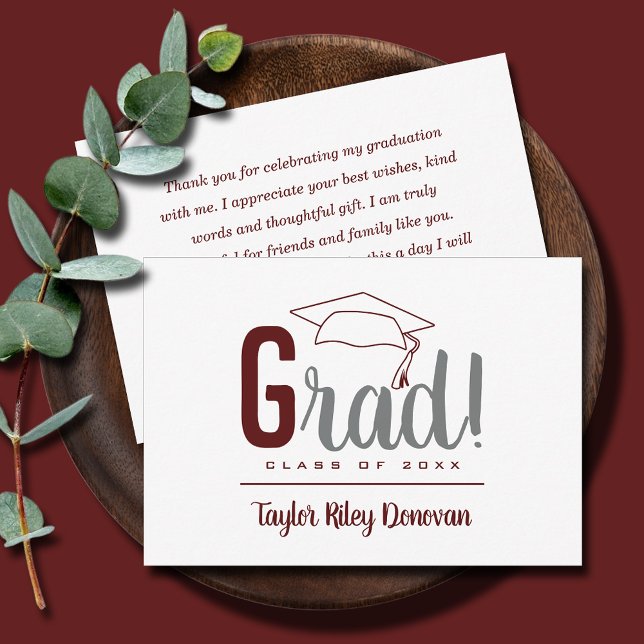Chic Maroon Grad Cap Graduation Card (Maroon and gray grad cap graduation flat note cards with name on front, your message on the back)