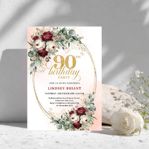 Chic Maroon Peonies Greenery 90th Birthday Invite