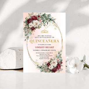 Chic Maroon Peony Eucalyptus 15th Birthday Invite