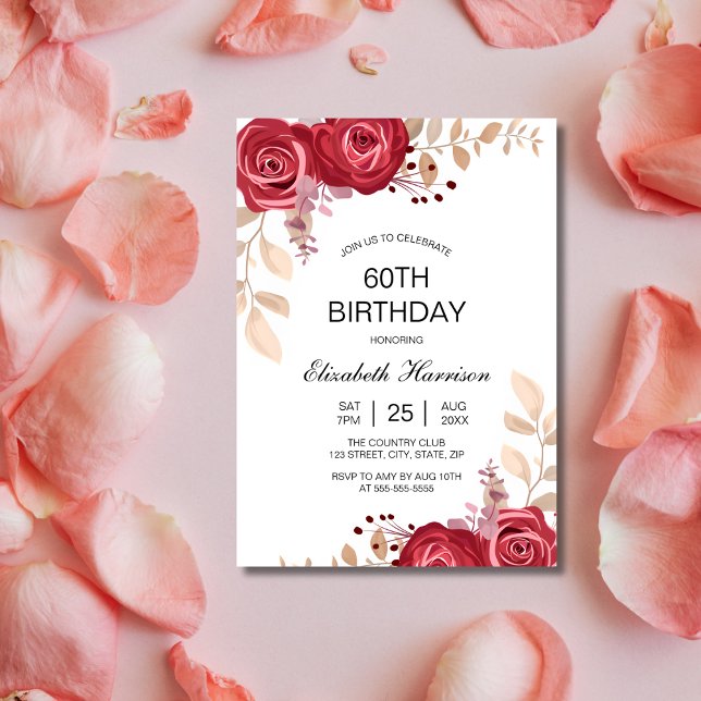 Chic Maroon Rose Floral Greenery Birthday Invitation (Creator Uploaded)