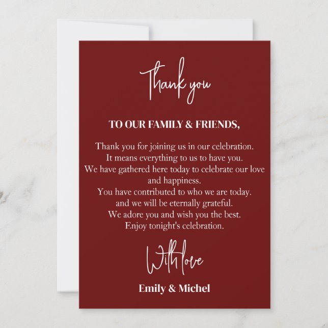Chic Maroon Sienna Wedding Reception Table  Thank You Card (Front)