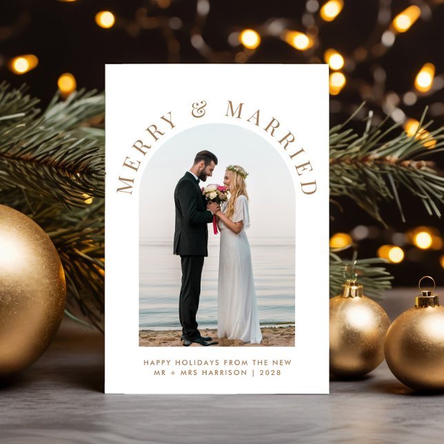 Chic Married Merry Arch Photo White Gold Christmas Holiday Card (A beautiful and unique photo card to announce your marriage to family + friends this holiday season)
