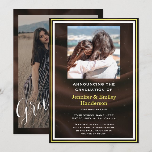 Chic Marron photo double graduation Announcement (Front/Back)