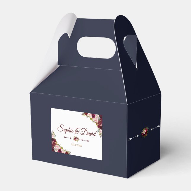 Chic Marsala Floral Fall Navy Blue Wedding Favour Box (Front Side)
