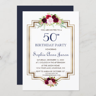 Chic Marsala Floral Navy Blue Gold 50th Birthday Invitation
