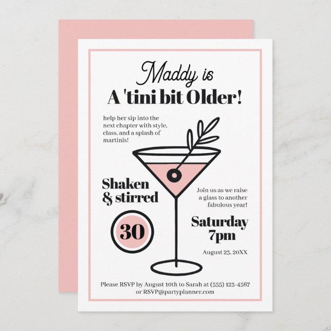 Chic Martini Invitation for 30th or Any Age (Front/Back)