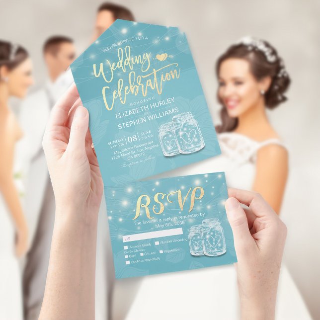 Chic Mason Jar String Light Blue Gold Wedding RSVP All In One Invitation (Creator Uploaded)