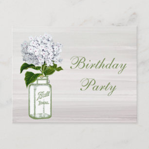 Chic Mason Jar & White Hydrangea Birthday Party Invitation