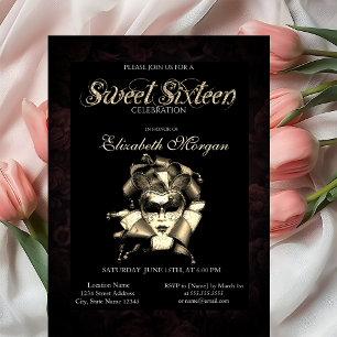 Chic Masque Roses Black Sweet 16 Invitation