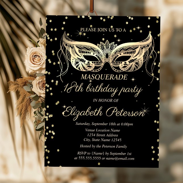 Chic Masquerade Gold Diamonds 18th Birthday Invitation (Creator Uploaded)