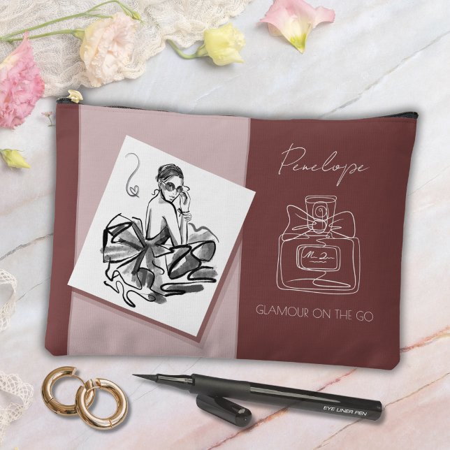 Chic Mauve Cosmetic Makeup Bag Accessories Pouch (Personalized mauve perfume makeup bag accessories pouch with custom name and fashion sketch.)