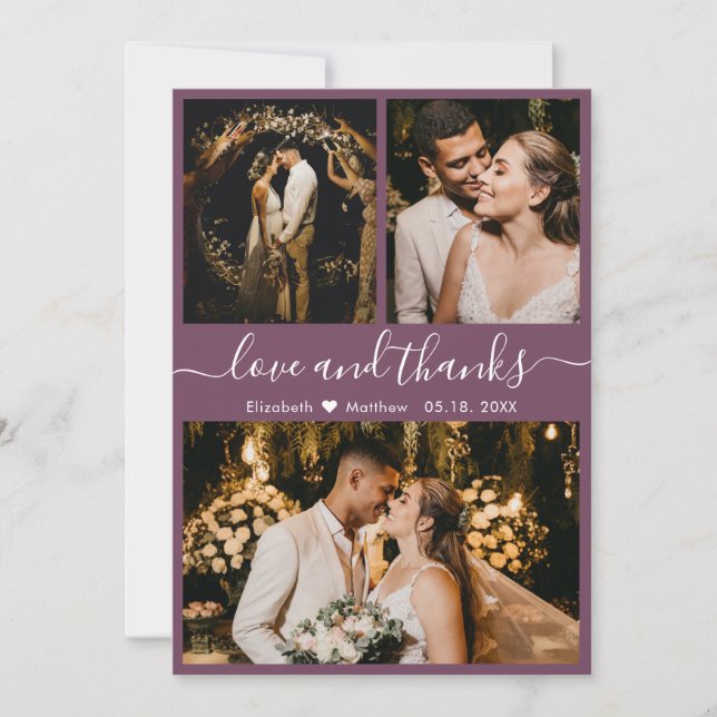 Chic Mauve Elegant Script 3 Photo Collage Wedding Thank You Card (Front)