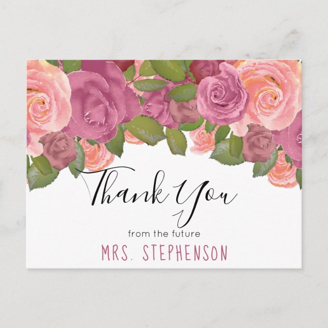 Chic Mauve Floral Watercolor Bridal Thank You Postcard (Front)