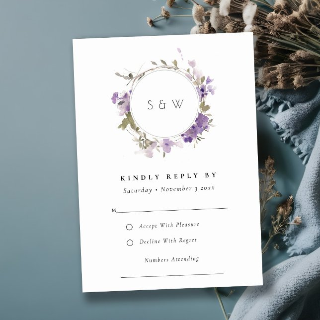 Chic Meadow Lilac Floral Wreath Wedding RSVP Card (Creator Uploaded)