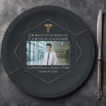 Chic Medical School Photo Black Graduation Party Paper Plate<br><div class="desc">This chic black medical school graduation party paper plate features a gold geometric hexagon design with an elegant medical caduceus above a photo of the graduate. Modern eye-catching photograph celebration decor for a new doctor or nurse in 2025.</div>