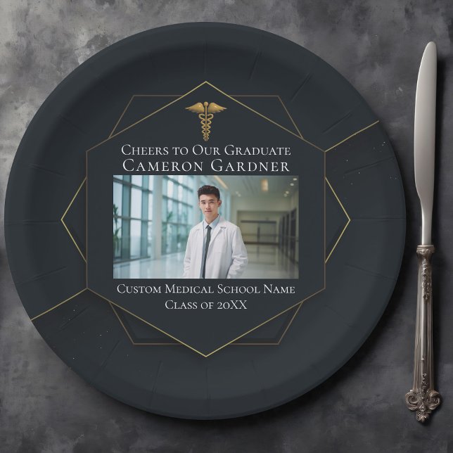 Chic Medical School Photo Black Graduation Party Paper Plate (Creator Uploaded)