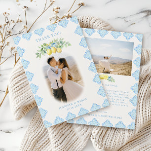 Chic Mediterranean Blue Tile Lemon Wedding Photo Thank You Card