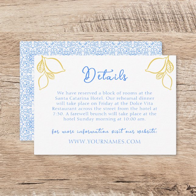 Chic Mediterranean Lemon Blue Tile Italian Wedding Enclosure Card (Creator Uploaded)
