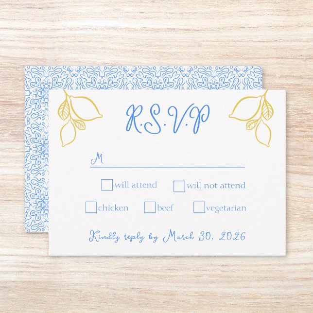 Chic Mediterranean Lemon Blue Tile Italian Wedding RSVP Card (Customize this chic lemon-themed RSVP card to match your Mediterranean-inspired wedding invitations.)