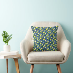 Chic Mediterranean Rustic Lemons Blue Leaf Cushion