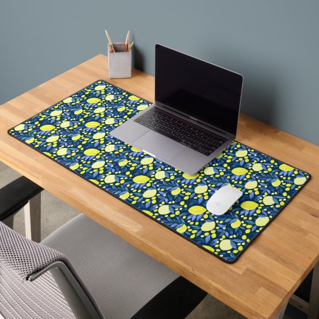 Chic Mediterranean Rustic Lemons Blue Leaf Desk Mat (Office 2)