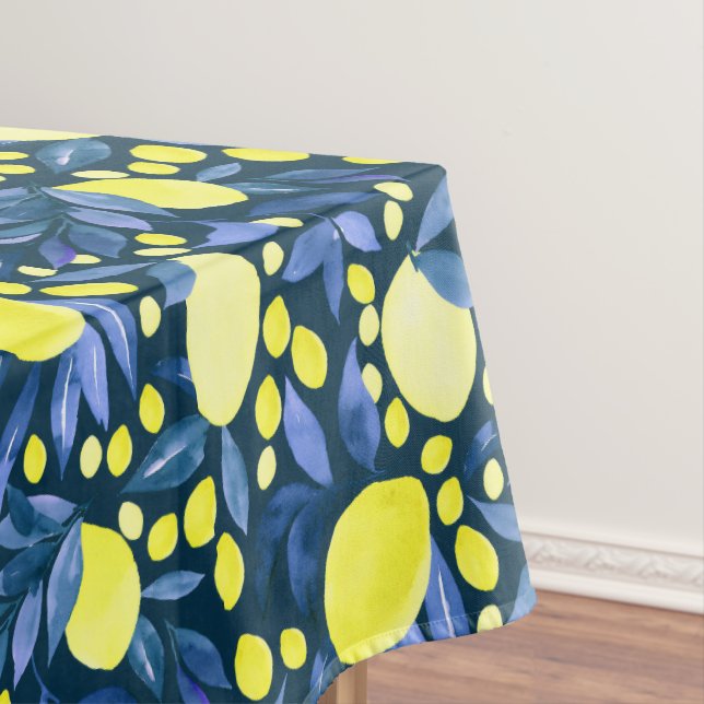 Chic Mediterranean Rustic Lemons Blue Leaf Pattern Tablecloth (In Situ)