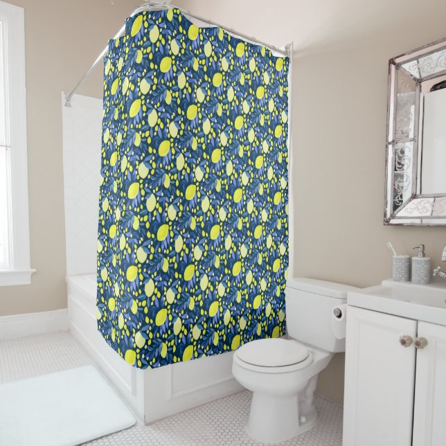 Chic Mediterranean Rustic Lemons Blue Leaf Shower Curtain (In Situ)