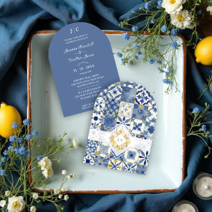 Chic Mediterranean Tiles Monogram Lemons & Flowers Invitation