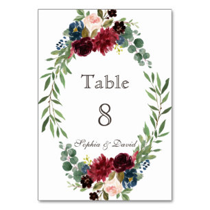 Chic Merlot Navy Blue Floral Table Number