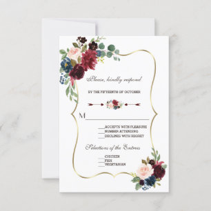 Chic Merlot Navy Blue Floral Wedding RSVP