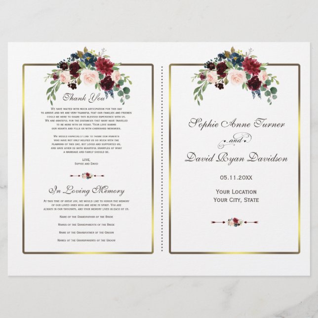 Chic Merlot Navy Floral Gold Frame Wedding Program (Front)