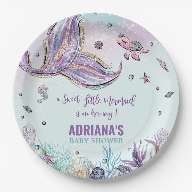 Chic Mermaid Tail Under the Sea Girl Baby Shower Paper Plate (Front)