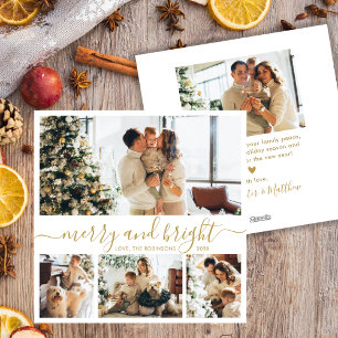Chic Merry and Bright Gold Script 4 Photo Collage Holiday Card