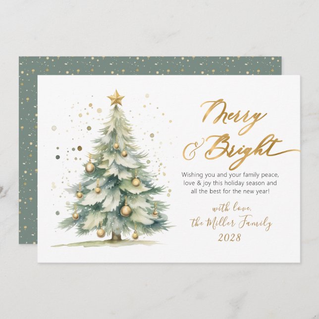 Chic Merry and Bright Gold Script Christmas Tree Holiday Card (Front/Back)