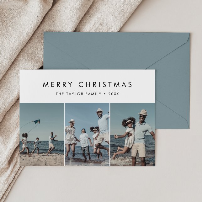 Chic Merry Christmas 3 Photo Holiday Card (Creator Uploaded)