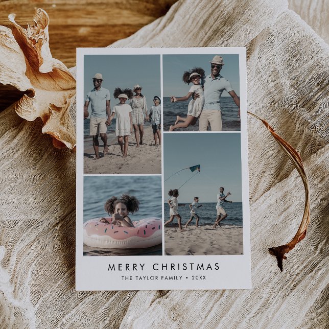 Chic Merry Christmas 4 Photo Family Holiday Card (Creator Uploaded)