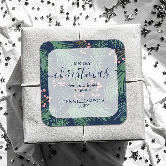 Chic Merry Christmas Navy Square Sticker (Merry Christmas Greenery and Berries on Navy Blue 3" Square Stickers)