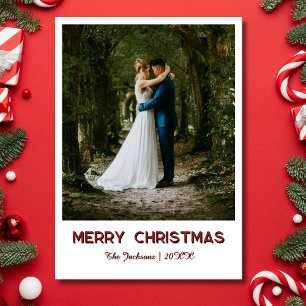 Chic Merry Christmas Newlywed Photo Deep Burgundy Holiday Card