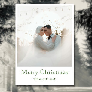 Chic Merry Christmas Newlywed Photo Forest Green Holiday Card
