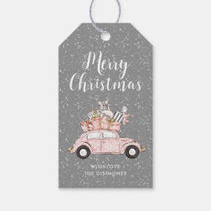 Chic Merry Christmas Pink Car Grey Holiday Gift Tags