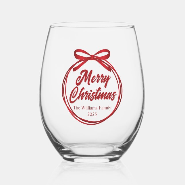 Chic Merry Christmas Red Ribbon Bow Custom Stemless Wine Glass (Front)