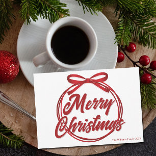 Chic Merry Christmas Script Red Ribbon Bow Holiday Card